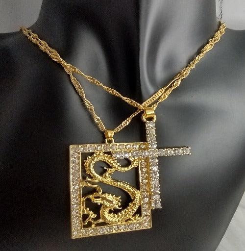 Chinese Dragon Cross Necklace 18k Gold Plated