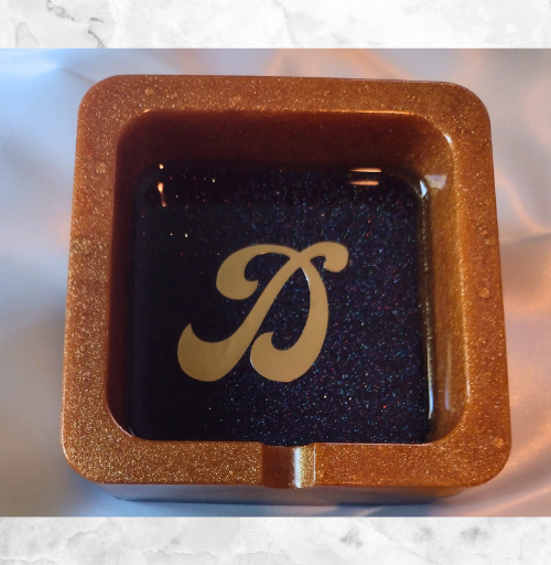 Handmade custom resin ashtray with personalized initial and glossy finish
