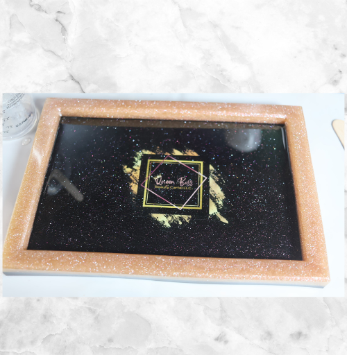Handmade custom resin decorative tray with glossy finish used for display or serving