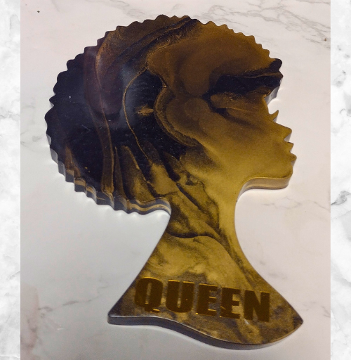 Handmade resin coaster featuring an afro lady silhouette with glossy decorative finish