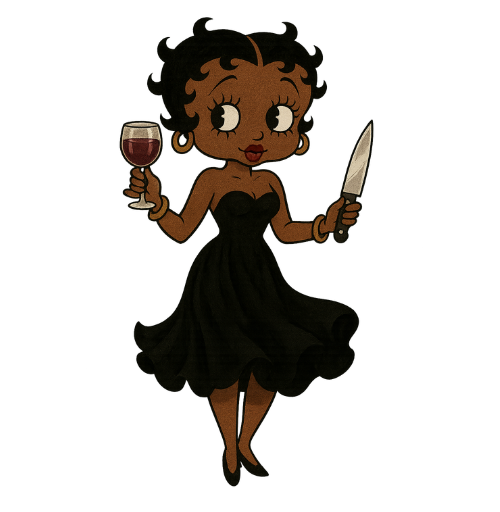 Cartoon style woman in black dress holding a wine glass and kitchen knife, dark skin tone illustration