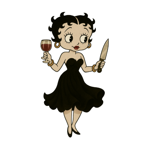 Cartoon style woman in black dress holding a wine glass and kitchen knife, light skin tone illustration
