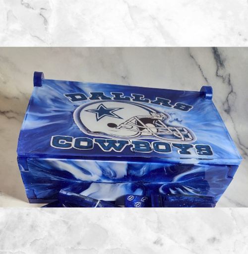 Handmade resin domino box featuring sports team design and custom name