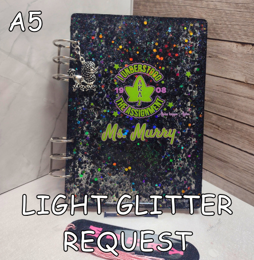 Custom resin notebook with glitter cover available in A5, A6, and A7 sizes