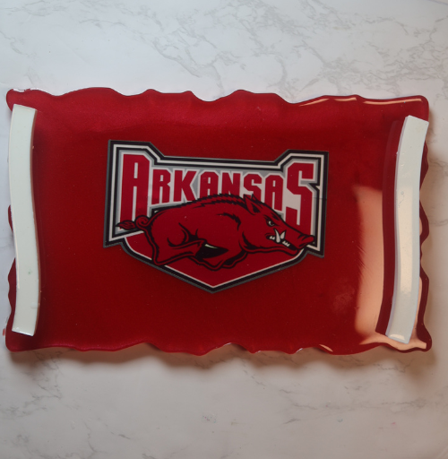 Handmade custom resin table tray with handles featuring sports design and glossy finish