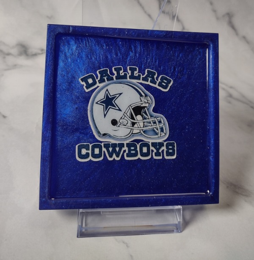 Custom cowboys blue sports resin coasters with football design and personalized name