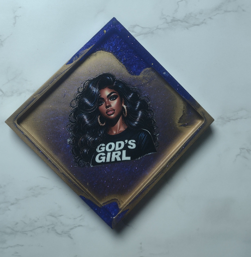 Dark purple and gold handmade resin coaster featuring faith-inspired artwork with a glossy finish