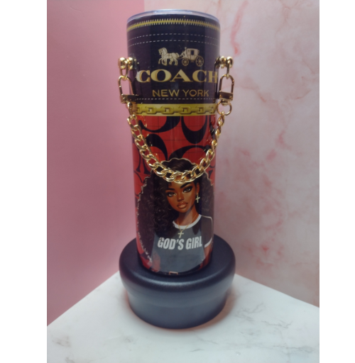 Handmade designer inspired tumbler with glossy finish, chain detail, and custom artwork