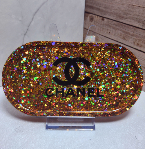 Glitter resin tray with designer inspired style and glossy finish, ready to ship