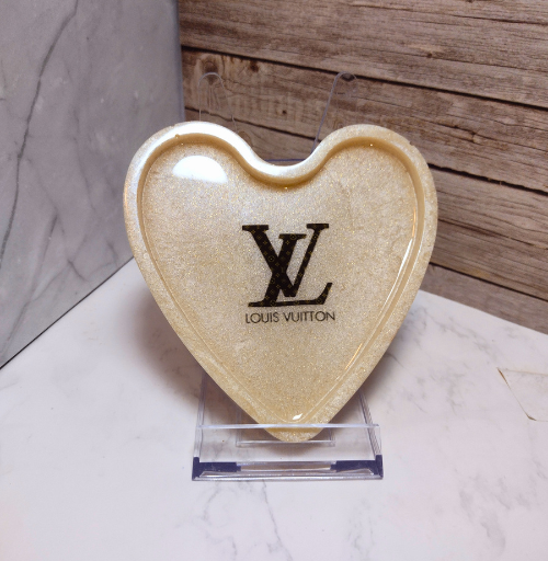 Heart shaped resin coaster with glossy finish and designer inspired style, ready to ship