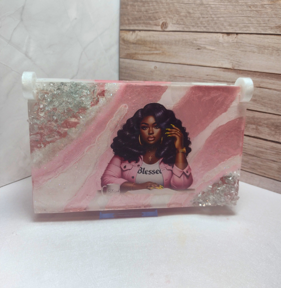 Handmade geode resin keepsake box with crystal accents used for domino storage and home decor
