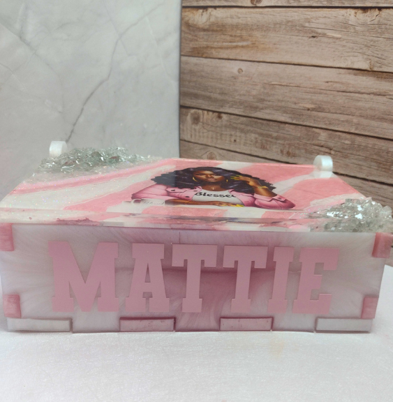 Handmade custom geode resin keepsake box with crystal accents used for domino storage and home decor with name