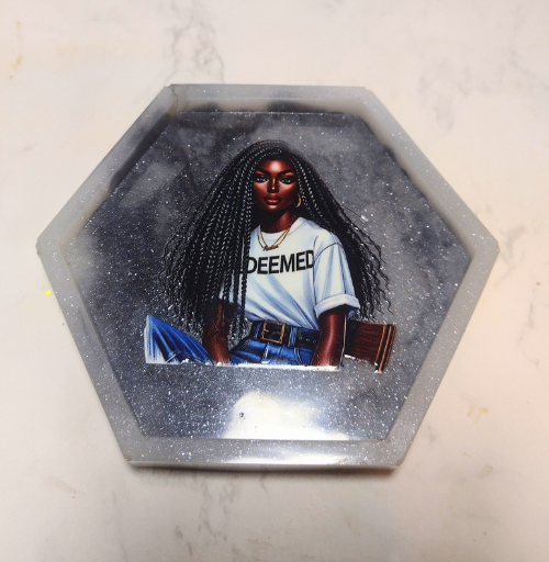 Handmade hexagon resin coaster with glossy finish and decorative artwork, ready to ship