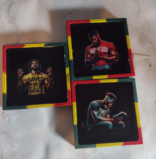 Men of Faith handmade resin coaster set featuring inspirational Christian artwork and glossy finish