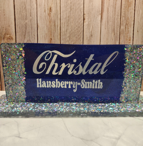 Personalized blue and silver glitter resin desk name plate with full name