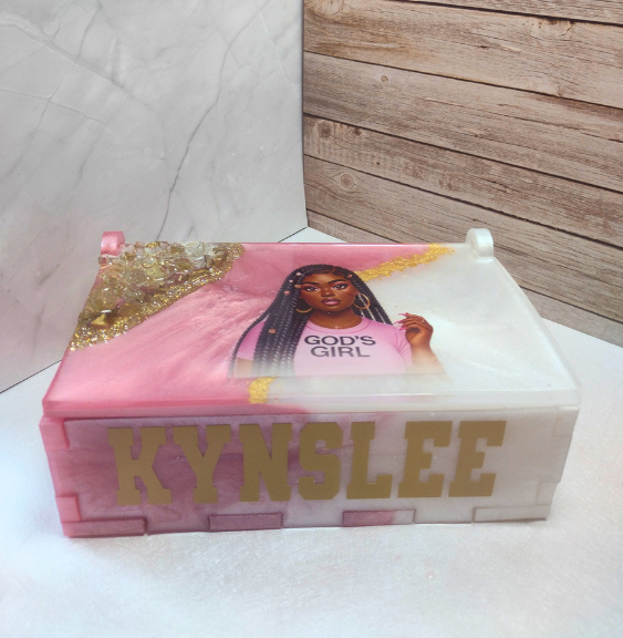 Luxury resin box with crystal details and glossy finish