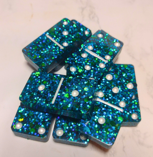 Handmade standard size resin domino set with glitter finish and glossy surface